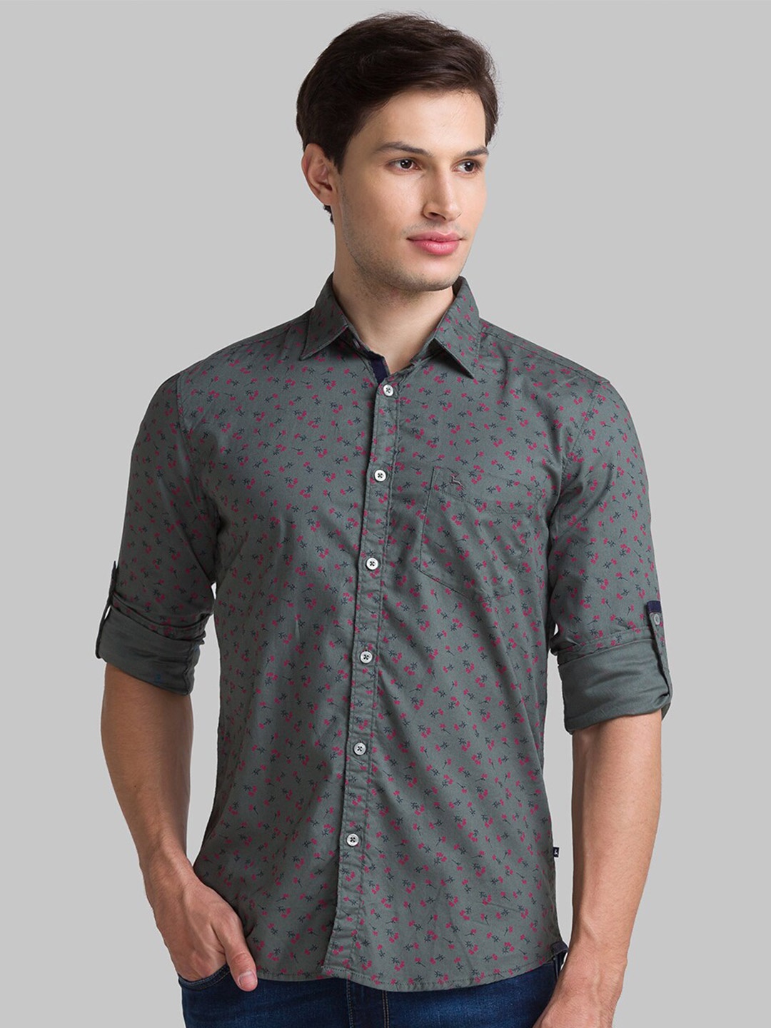 

Parx Men Grey Slim Fit Floral Printed CottonCasual Shirt