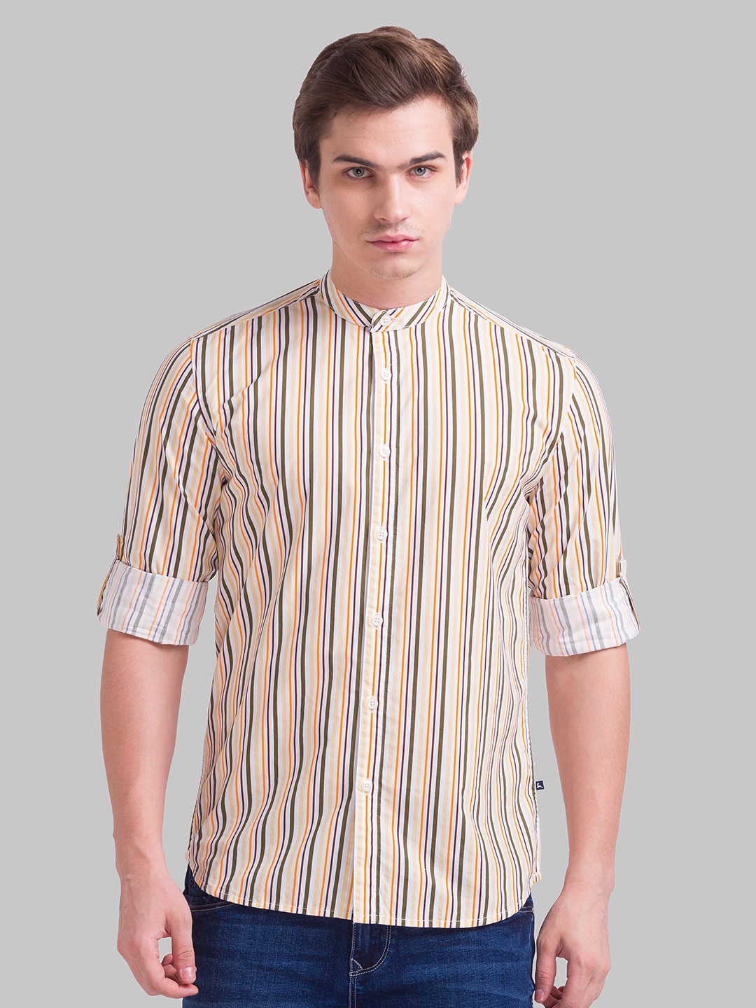 

Parx Men Orange Slim Fit Striped Casual Shirt