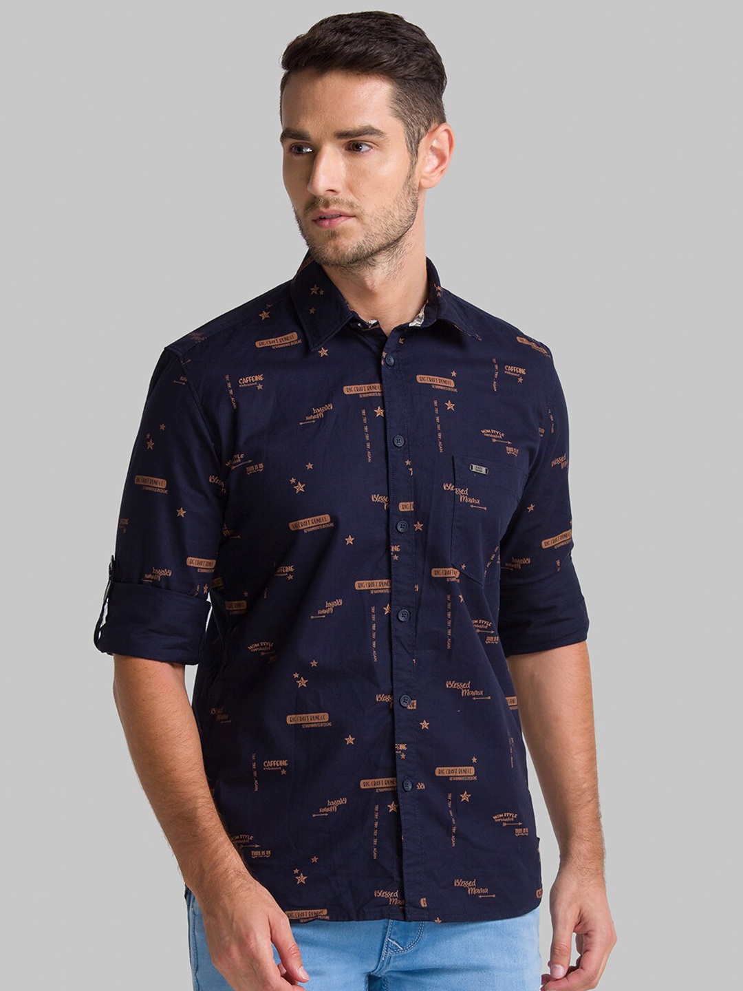 

Parx Men Navy Blue & Brown Slim Fit Printed Casual Shirt