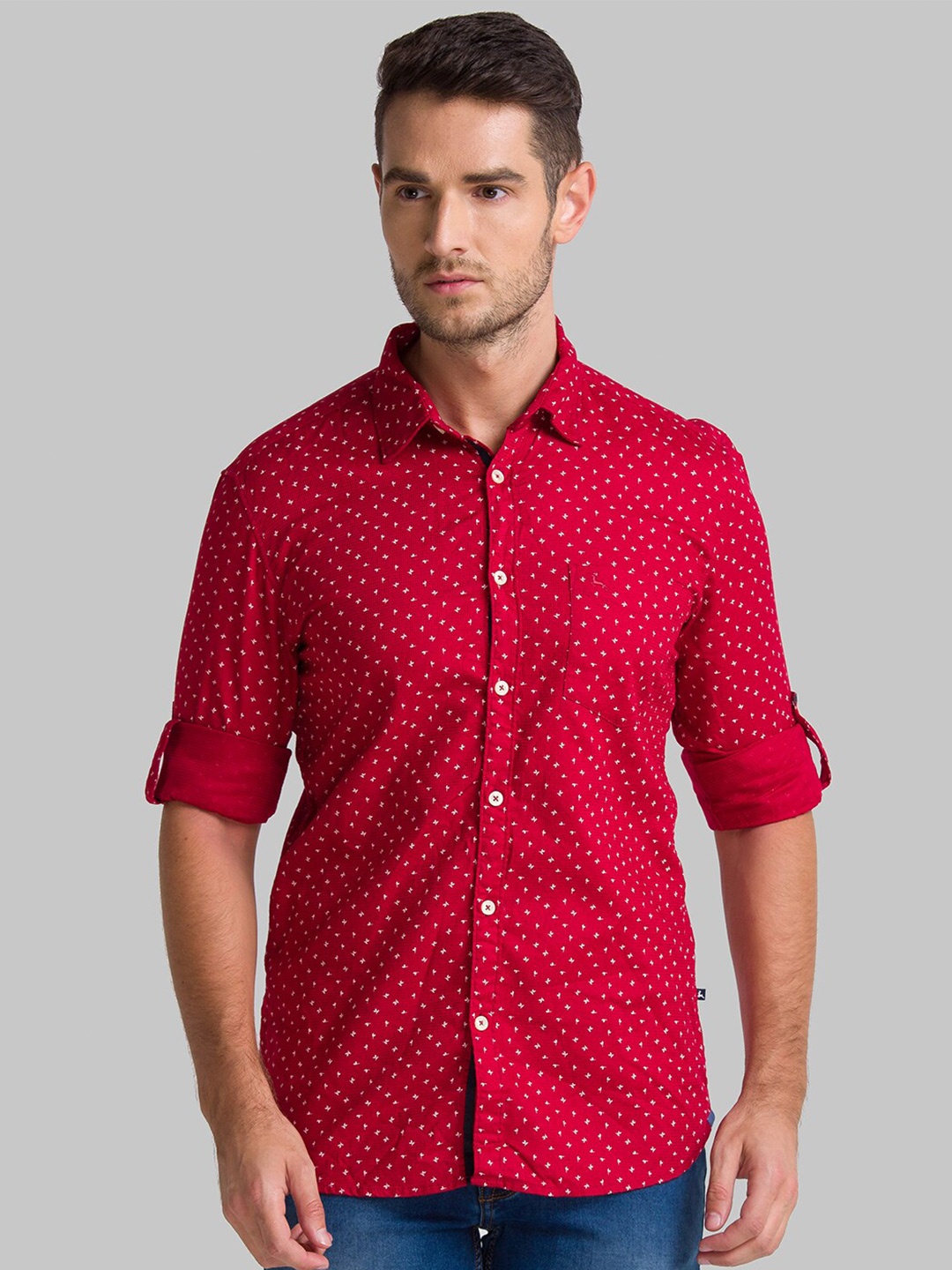 

Parx Men Red Slim Fit Printed Cotton Casual Shirt