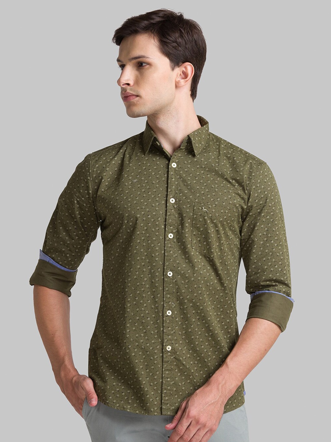 

Parx Men Green Slim Fit Printed Pure Cotton Casual Shirt