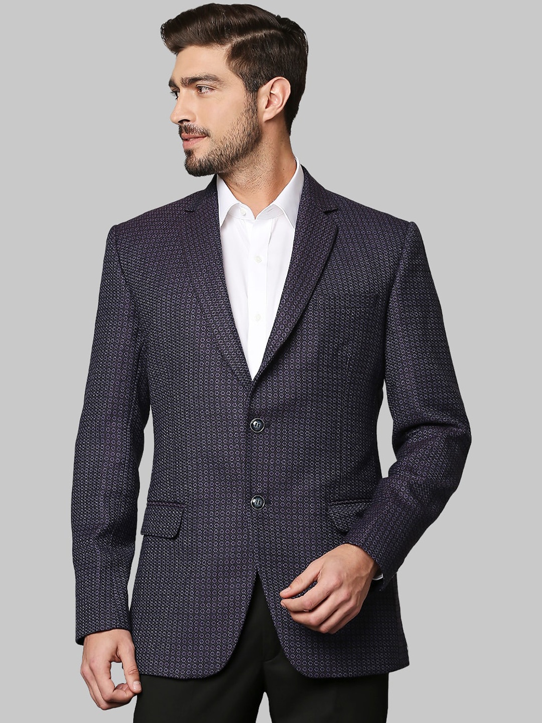 

Raymond Men Purple Self Design Single Breasted Formal Blazer