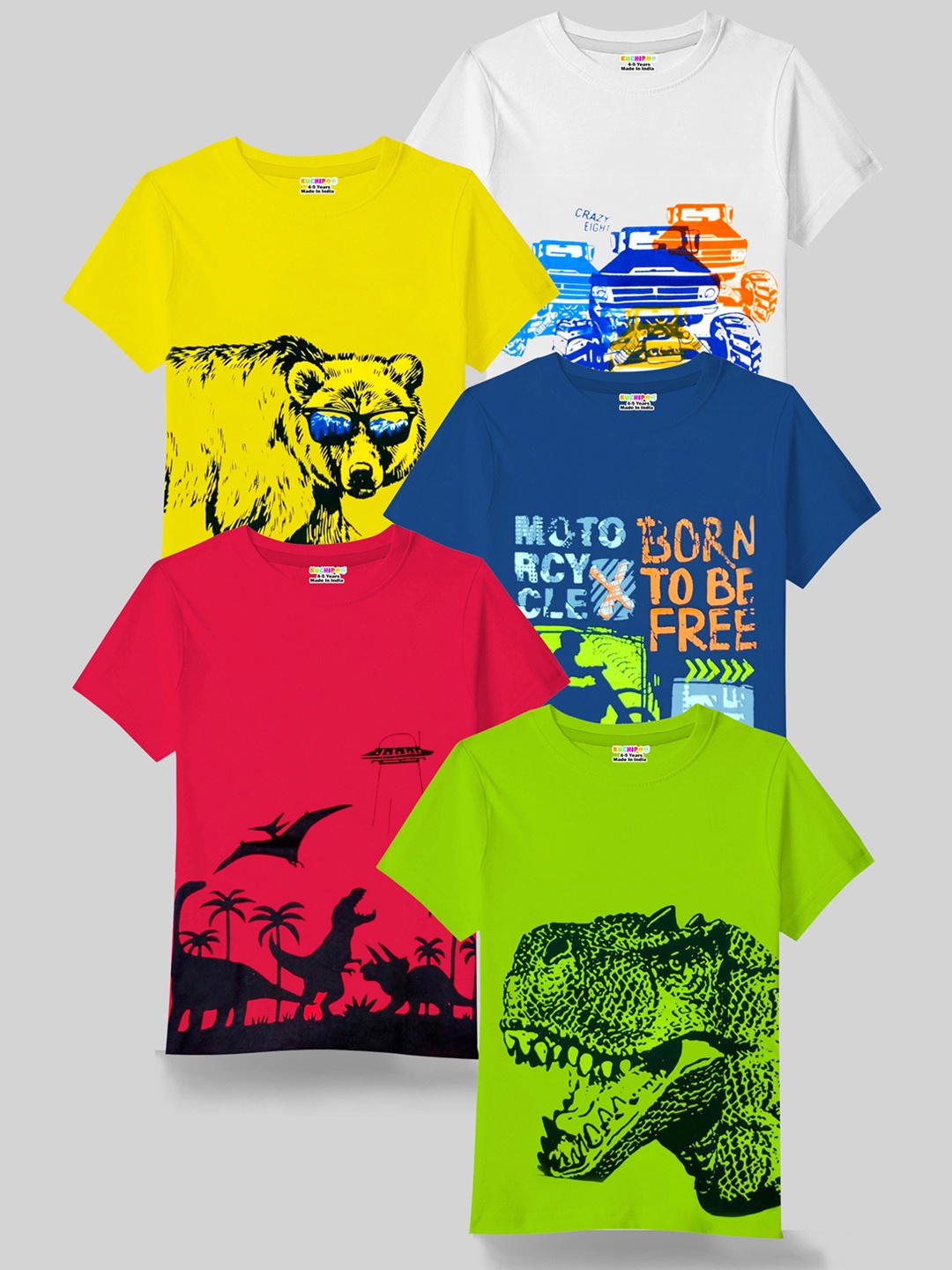 

KUCHIPOO Boys Red & Blue Pack of 5 Printed T-shirt