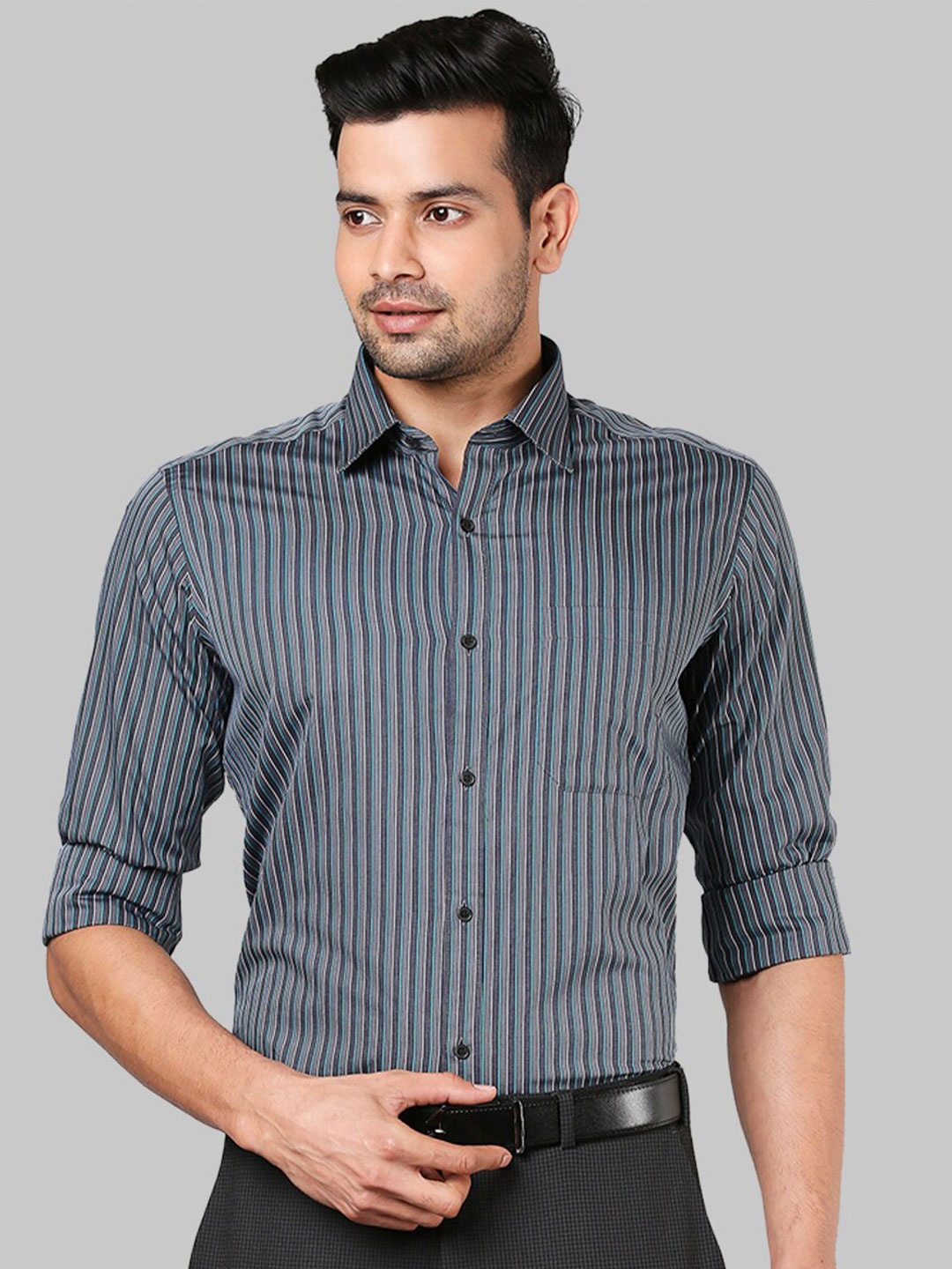 

Raymond Men Grey Slim Fit Striped Pure Cotton Formal Shirt