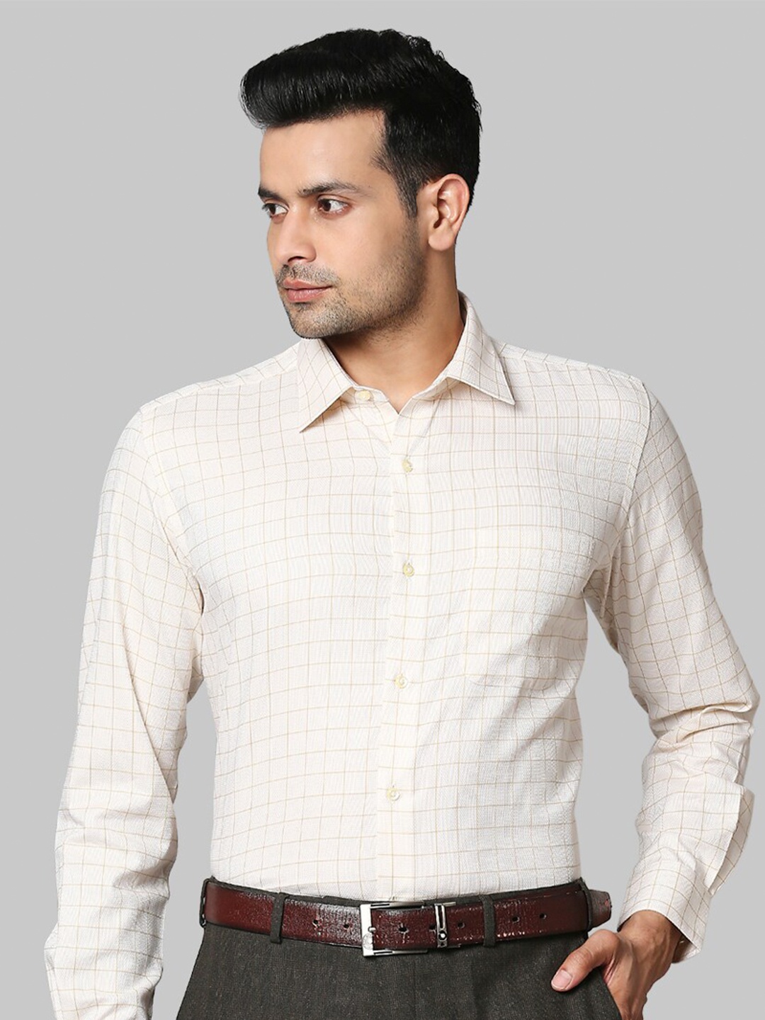 

Raymond Men Beige Grid Tattersall Checked Cotton Formal Shirt