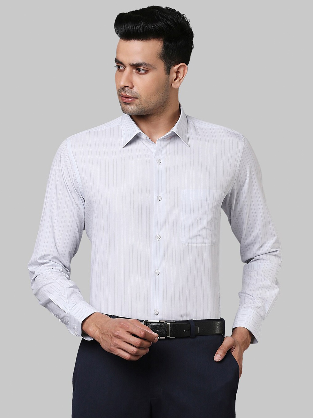 

Raymond Men Grey Striped Formal Spread Collar Shirt