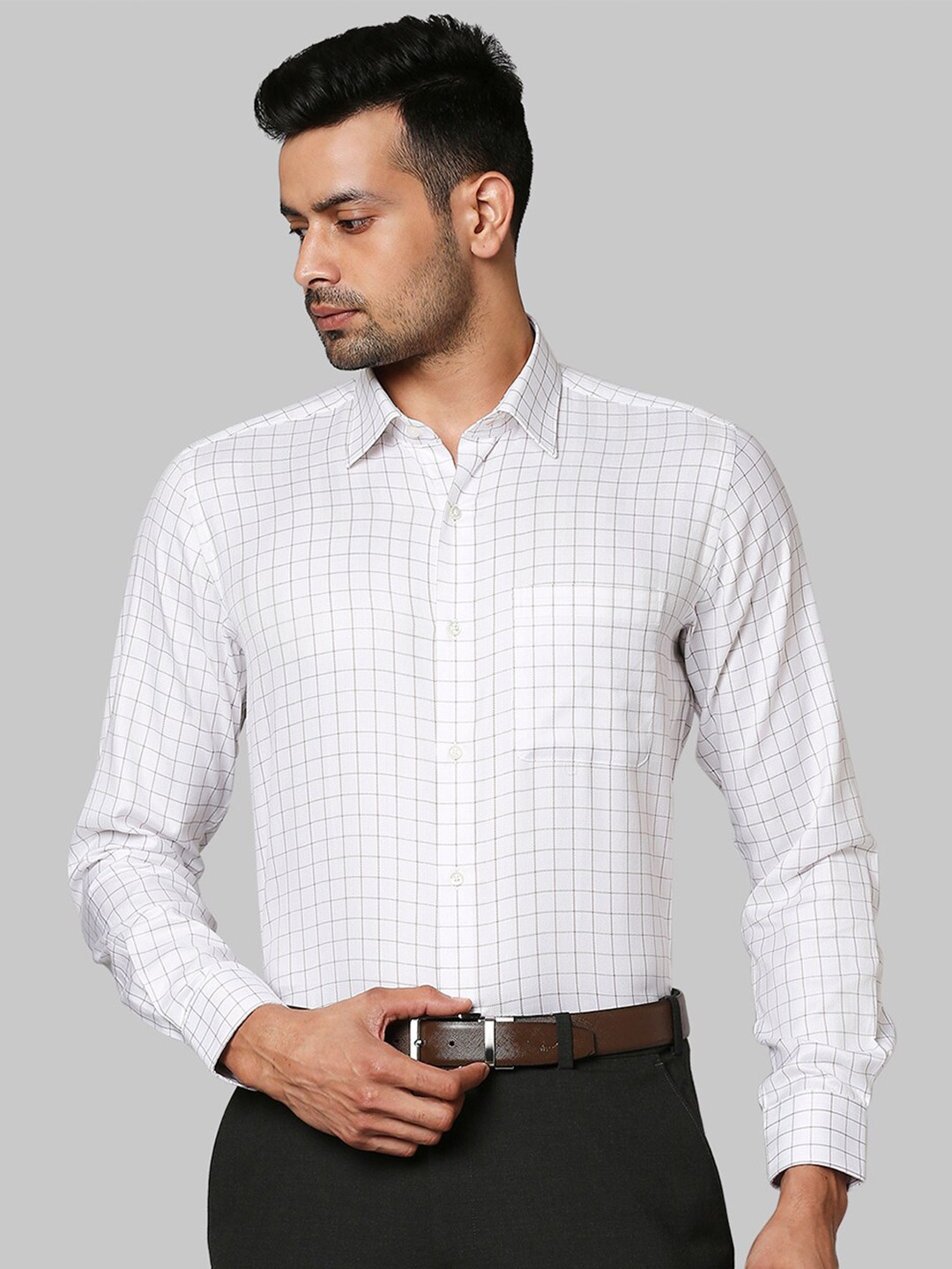 

Raymond Men White Grid Tattersall Checked Cotton Formal Shirt