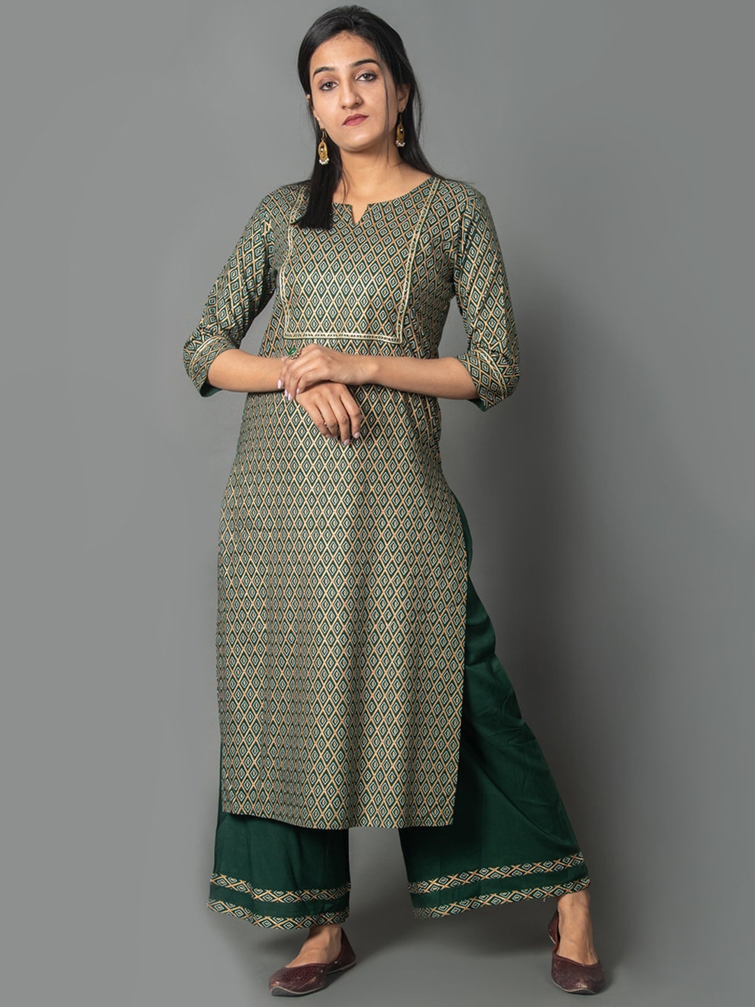 

CRAFTED FOR YOU Women Green Layered Gotta Patti Kurti with Palazzos