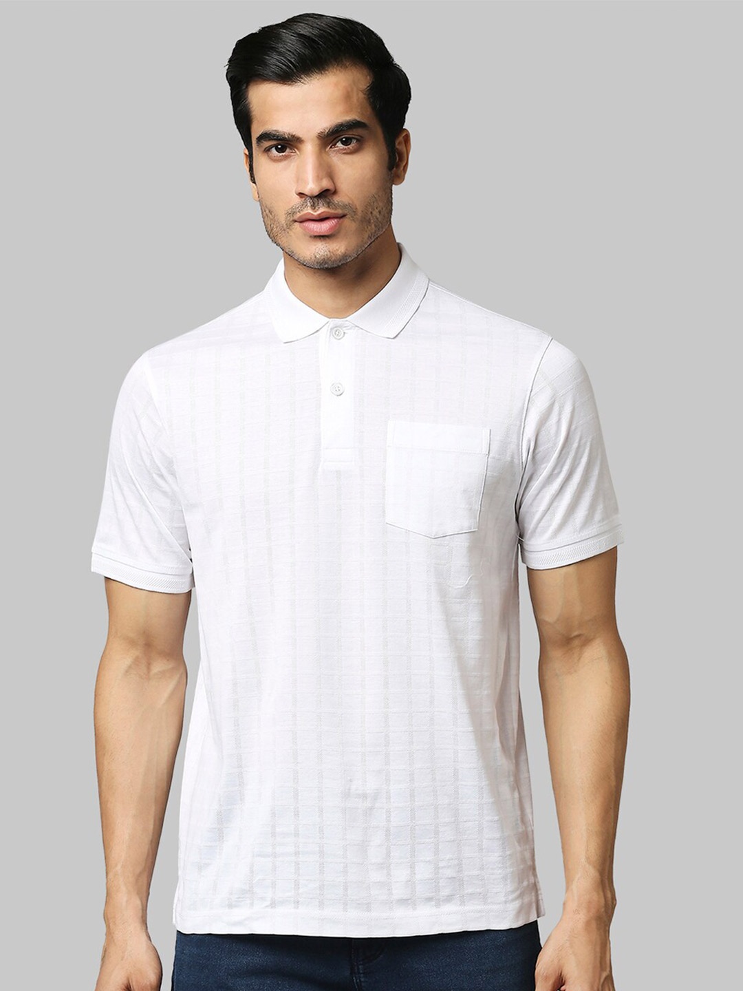 

Raymond Men White & Grey Checked Polo Collar T-shirt