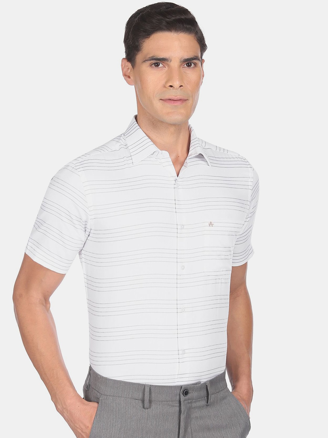 Arrow Men White Horizontal Stripes Striped Cotton Formal Shirt