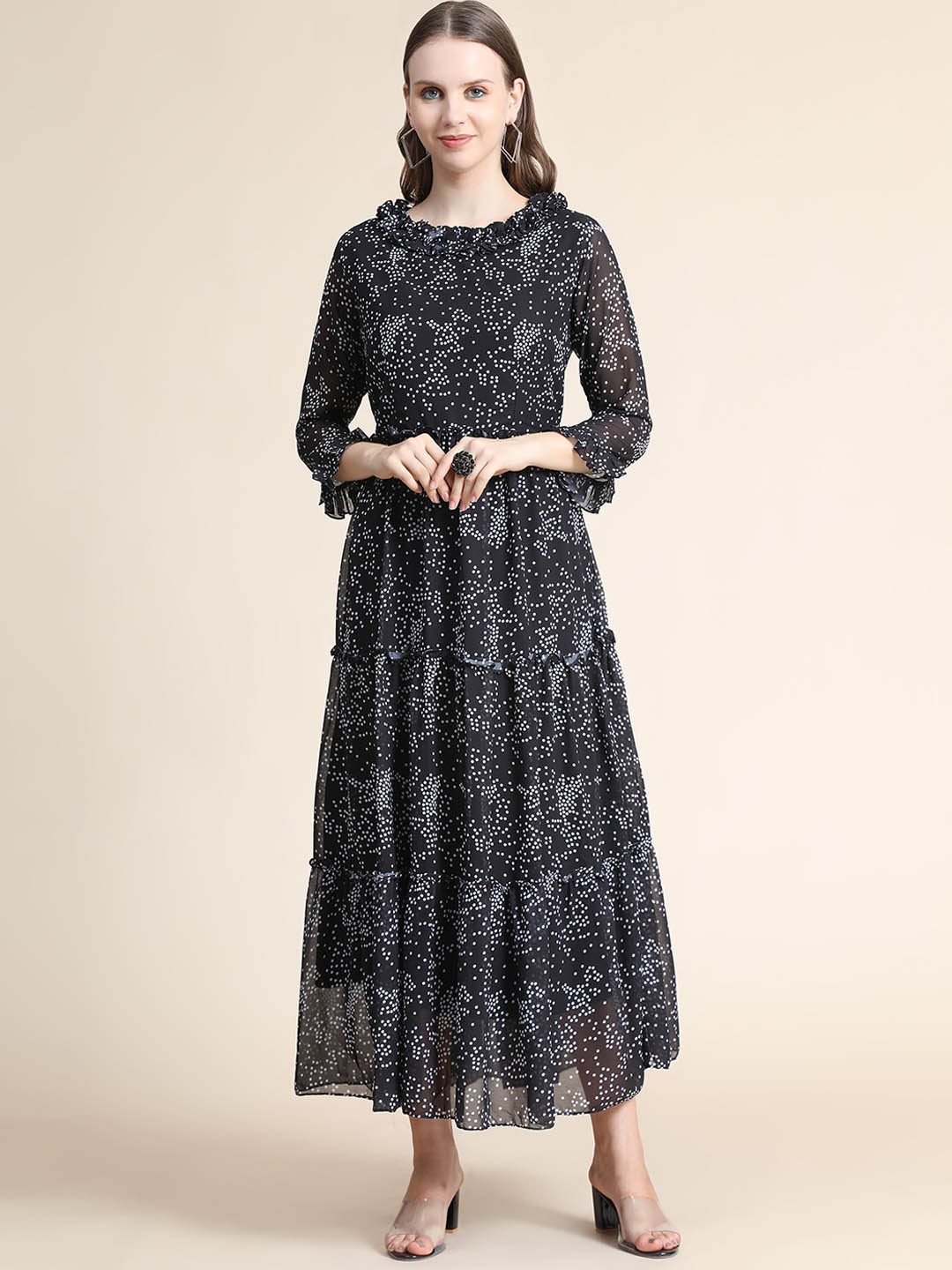 

KALINI Black Ethnic Tiered Fit & Flare Midi Dress