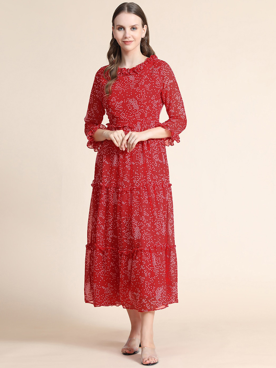 

KALINI Women Maroon Red & White Polka Dot Printed Ethnic Dresses