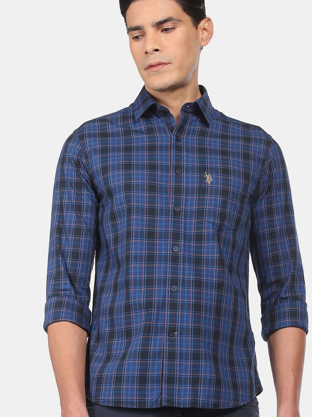 

U S Polo Assn Men Blue Tartan Checks Checked Pure Cotton Casual Shirt