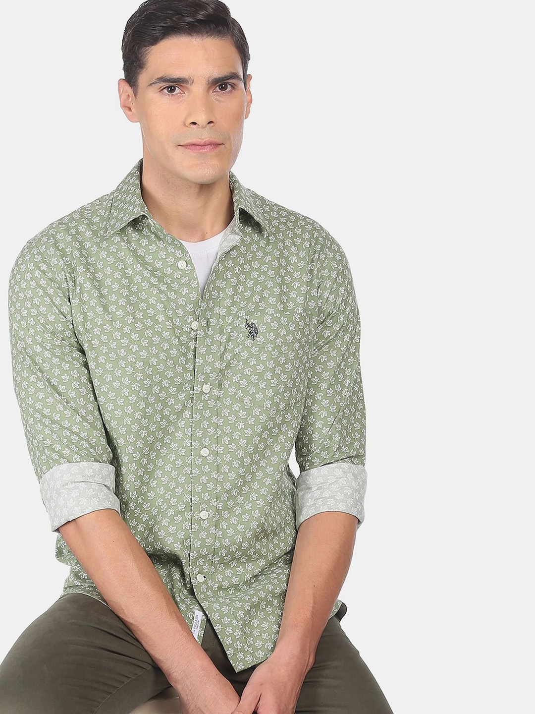 

U S Polo Assn Men Green Floral Printed Casual Shirt