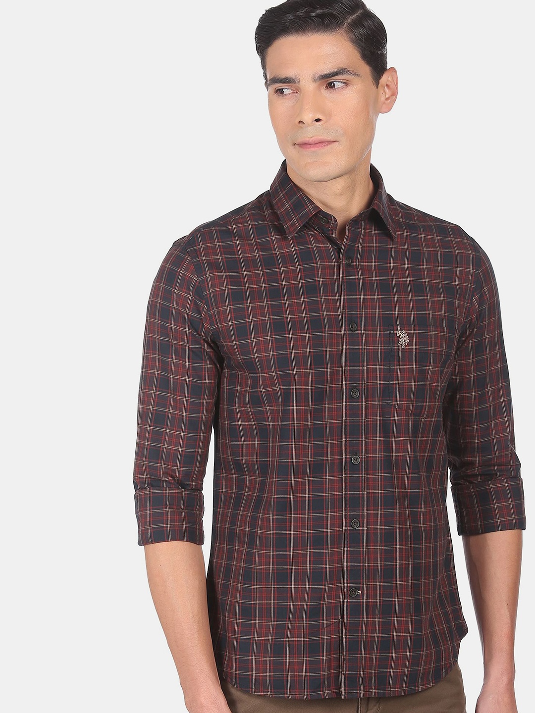

U S Polo Assn Men Brown Tartan Checks Casual Shirt