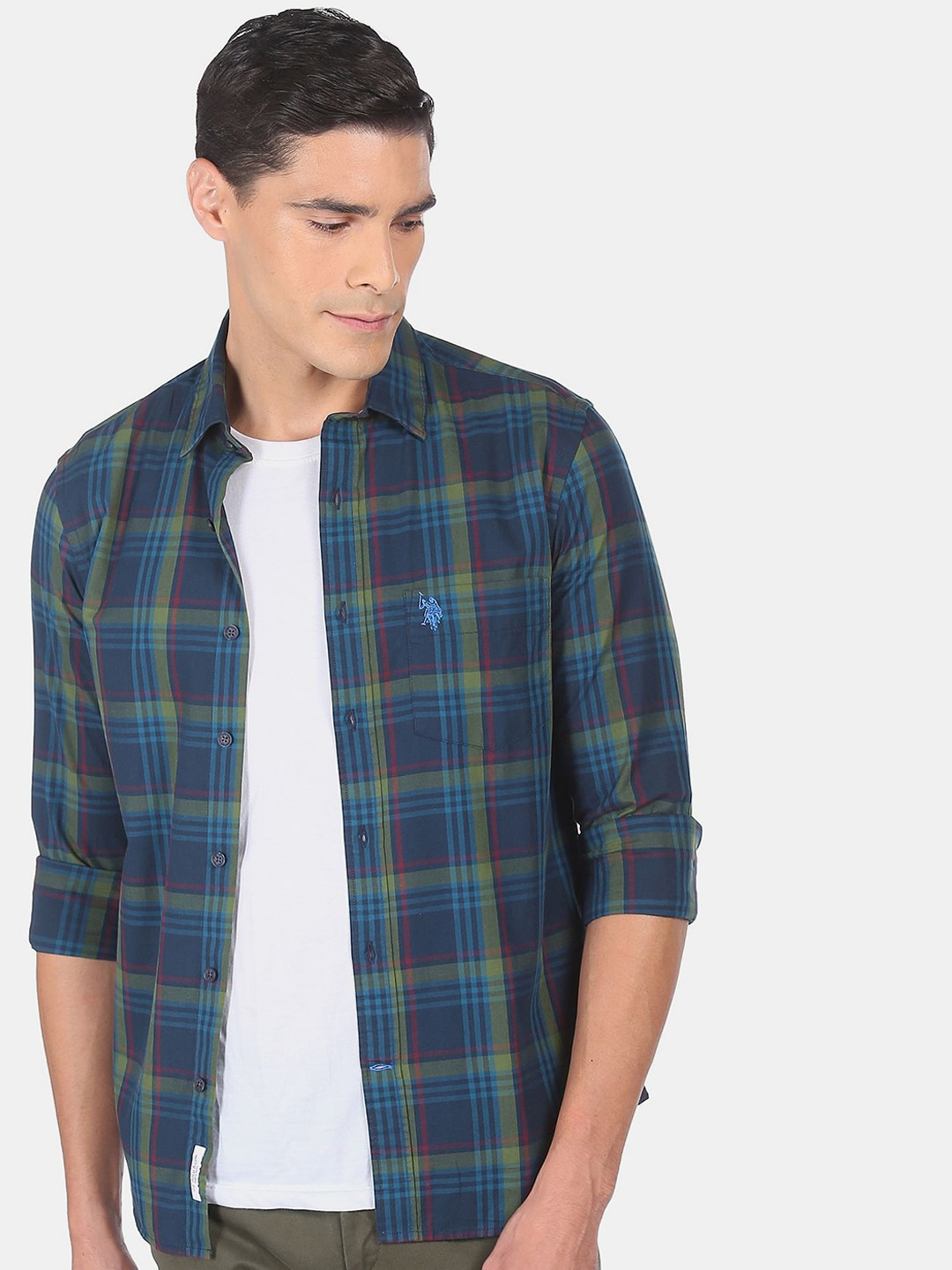 

U S Polo Assn Men Blue Cotton Tartan Checks Checked Casual Shirt