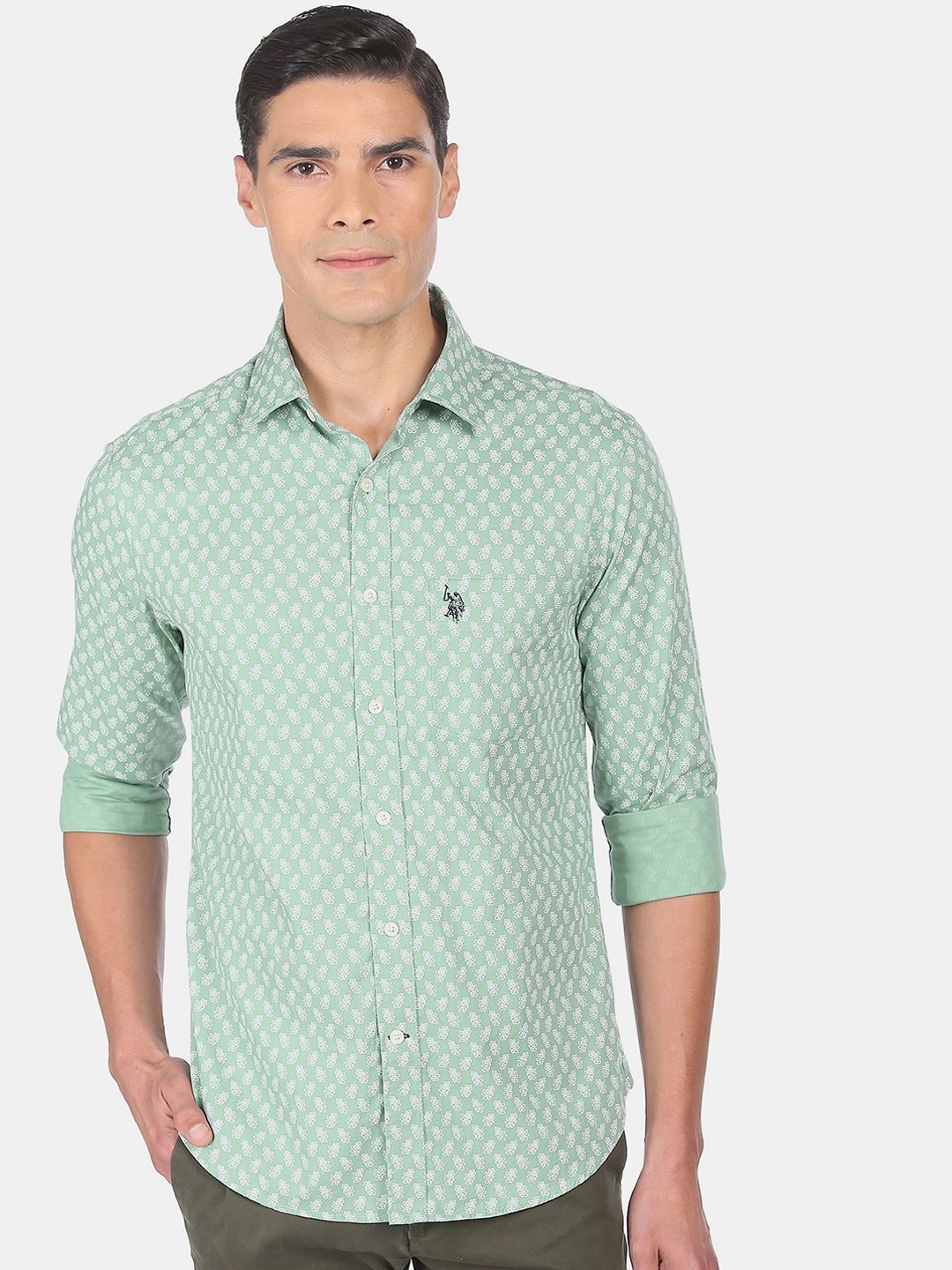 

U S Polo Assn Men Green Printed Regular Fit Cotton Casual Shirt