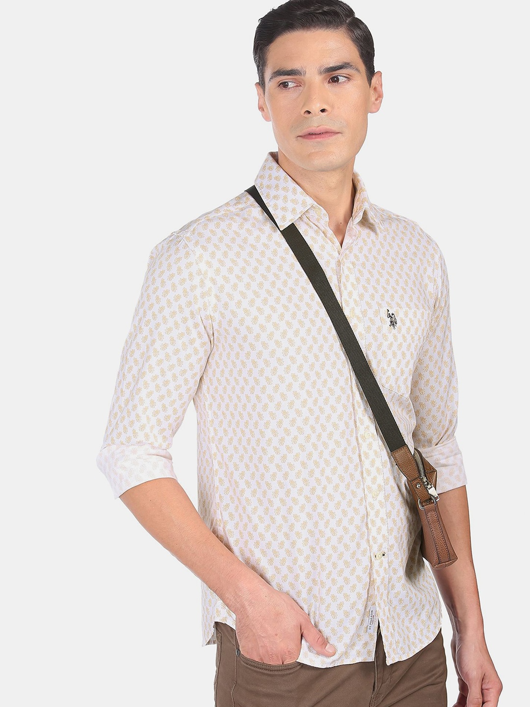 

U S Polo Assn Men White Printed Casual Shirt