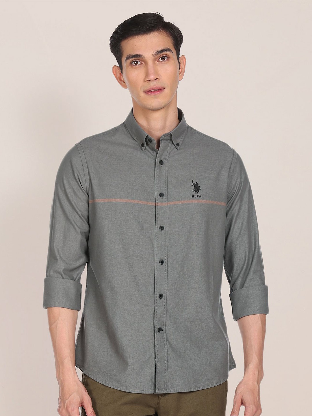

U S Polo Assn Men Grey Cotton Contrast Stripe Casual Shirt