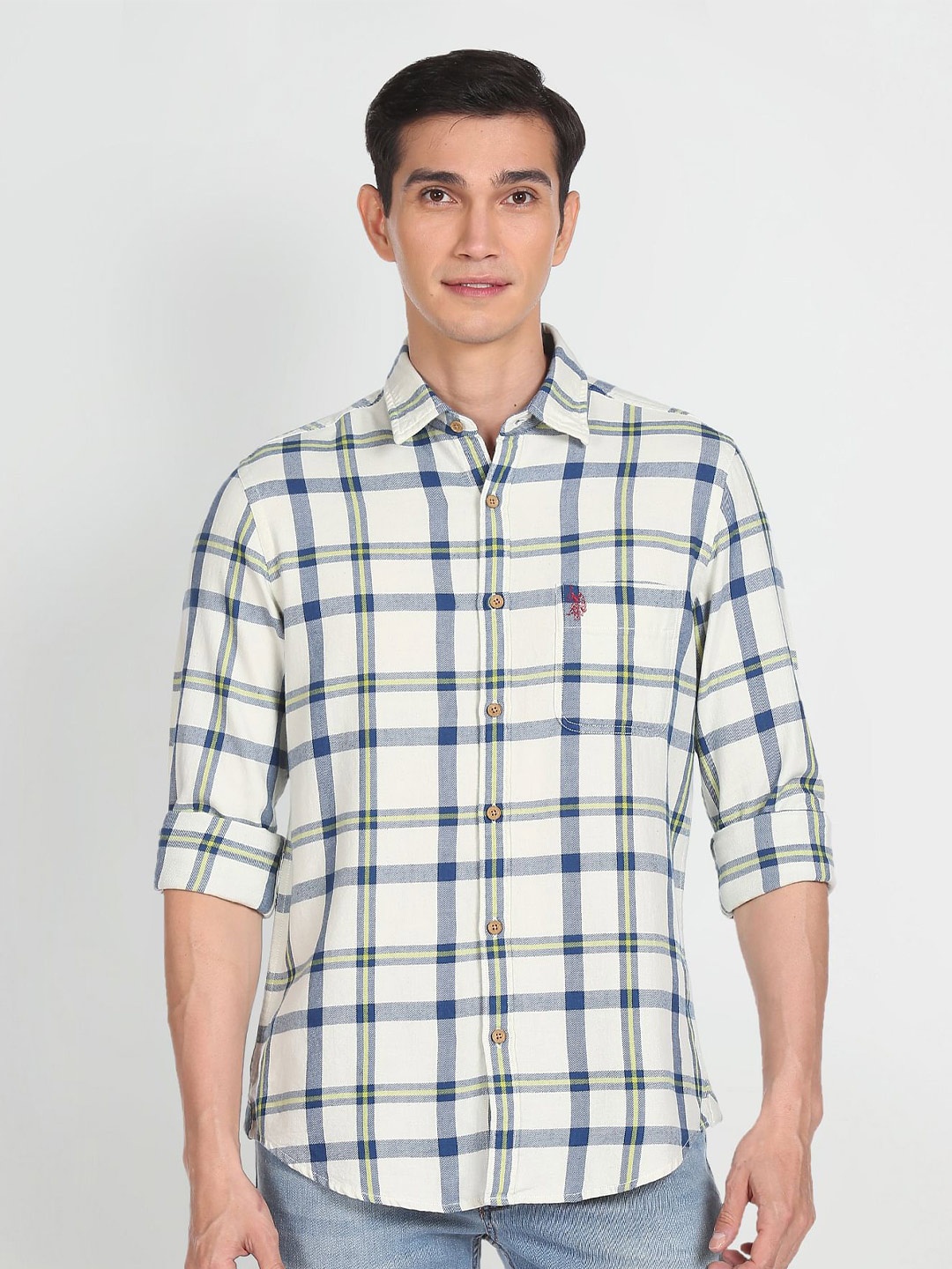 

U.S. Polo Assn. Denim Co.Men White Tartan Checks Checked Casual Shirt