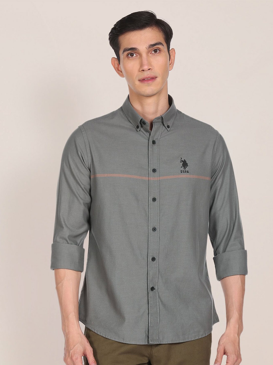 

U S Polo Assn Men Grey Contrast Stripe Casual Shirt