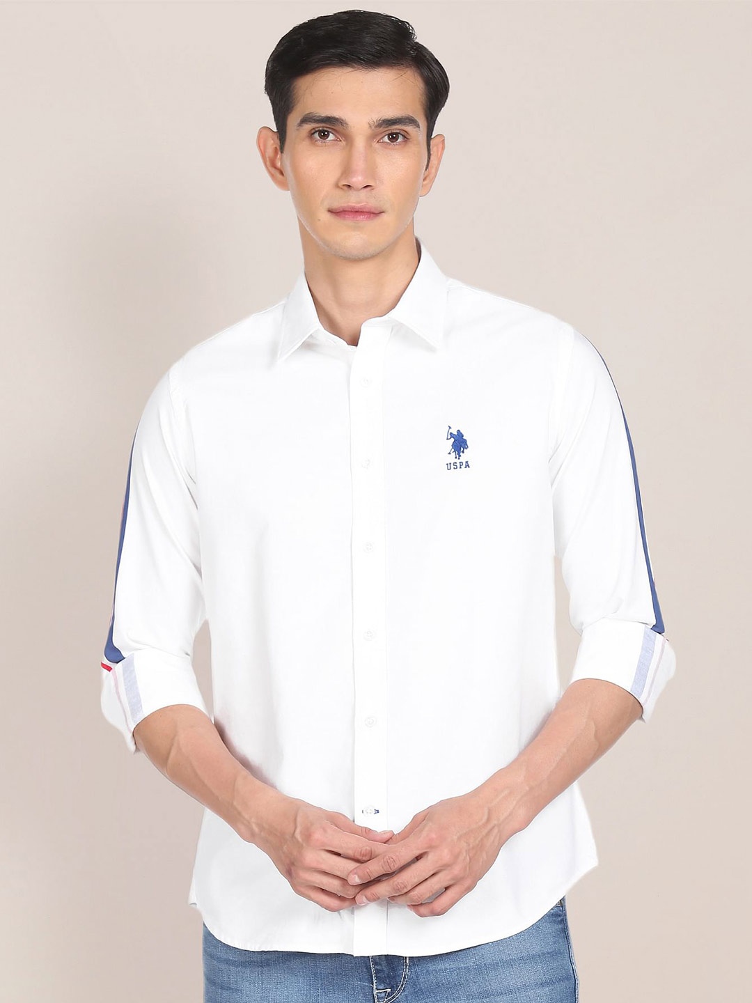 

U S Polo Assn Men White Striped Casual Shirt Plus Size