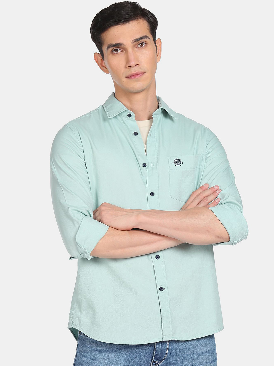 

U S Polo Assn Men's Green Mint Spread Collar Solid Casual Shirt
