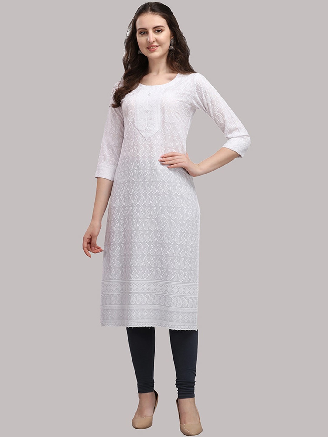 

DEETYA ARTS Women White Paisley Embroidered Chikankari Brocade Kurta