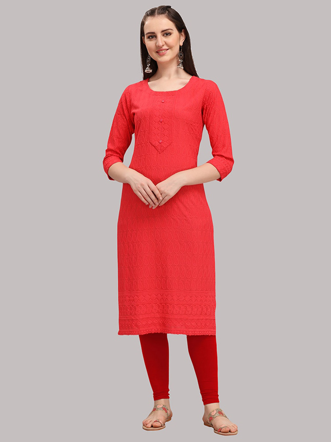 

DEETYA ARTS Women Red Paisley Embroidered Chikankari Kurta