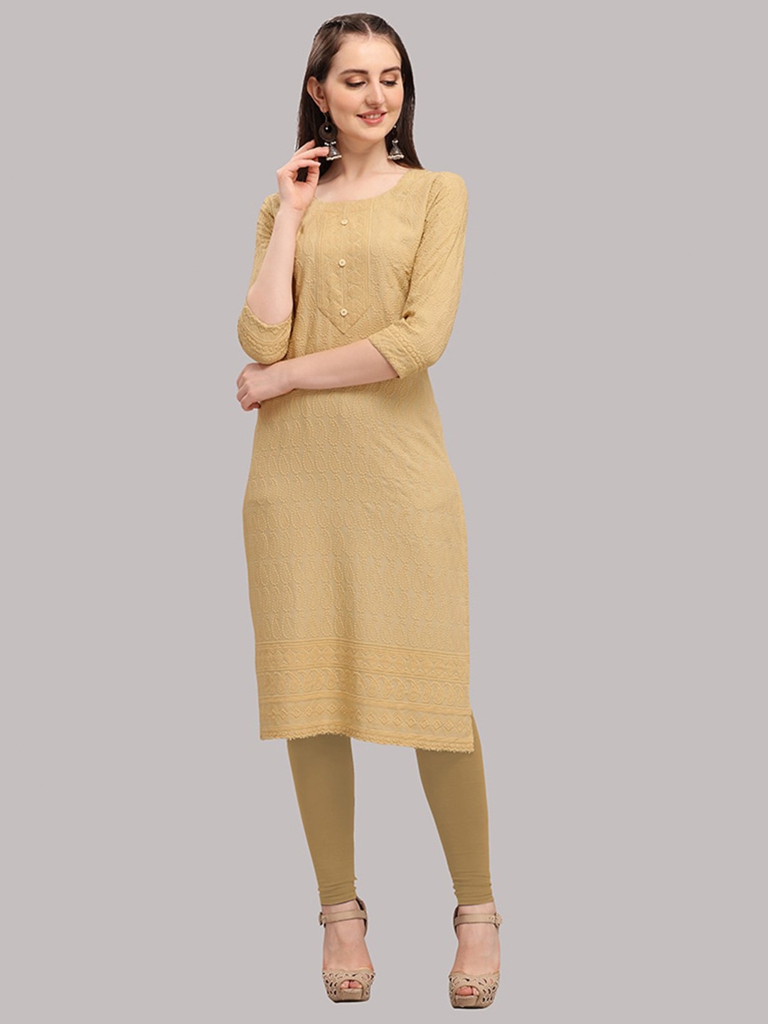 

DEETYA ARTS Women Beige Paisley Embroidered Chikankari Kurta