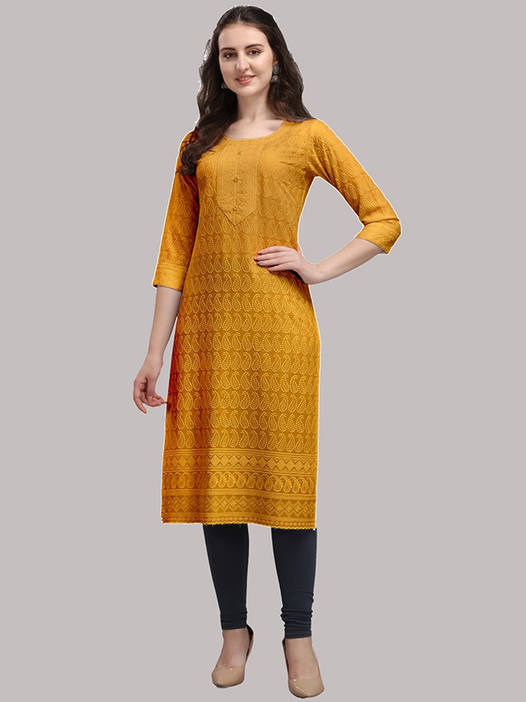 

DEETYA ARTS Women Yellow Paisley Embroidered Chikankari Brocade Kurta