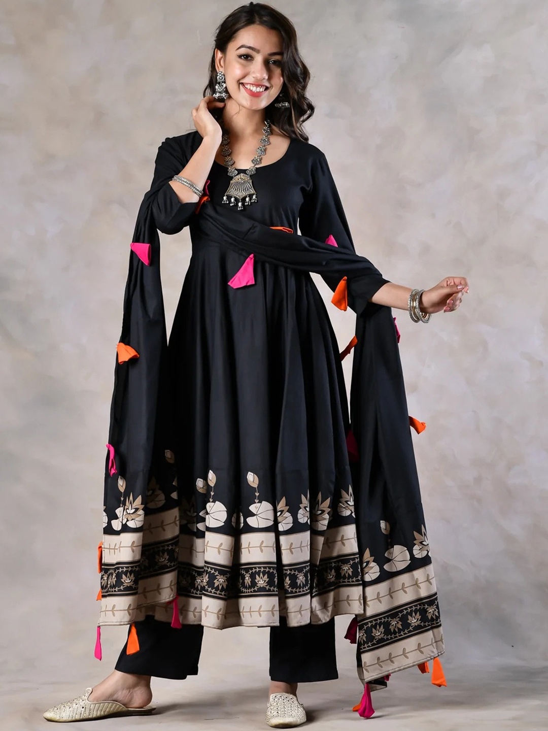 

Rustorange Women Black Ethnic Motifs Printed Empire Kurta Salwar With Dupatta
