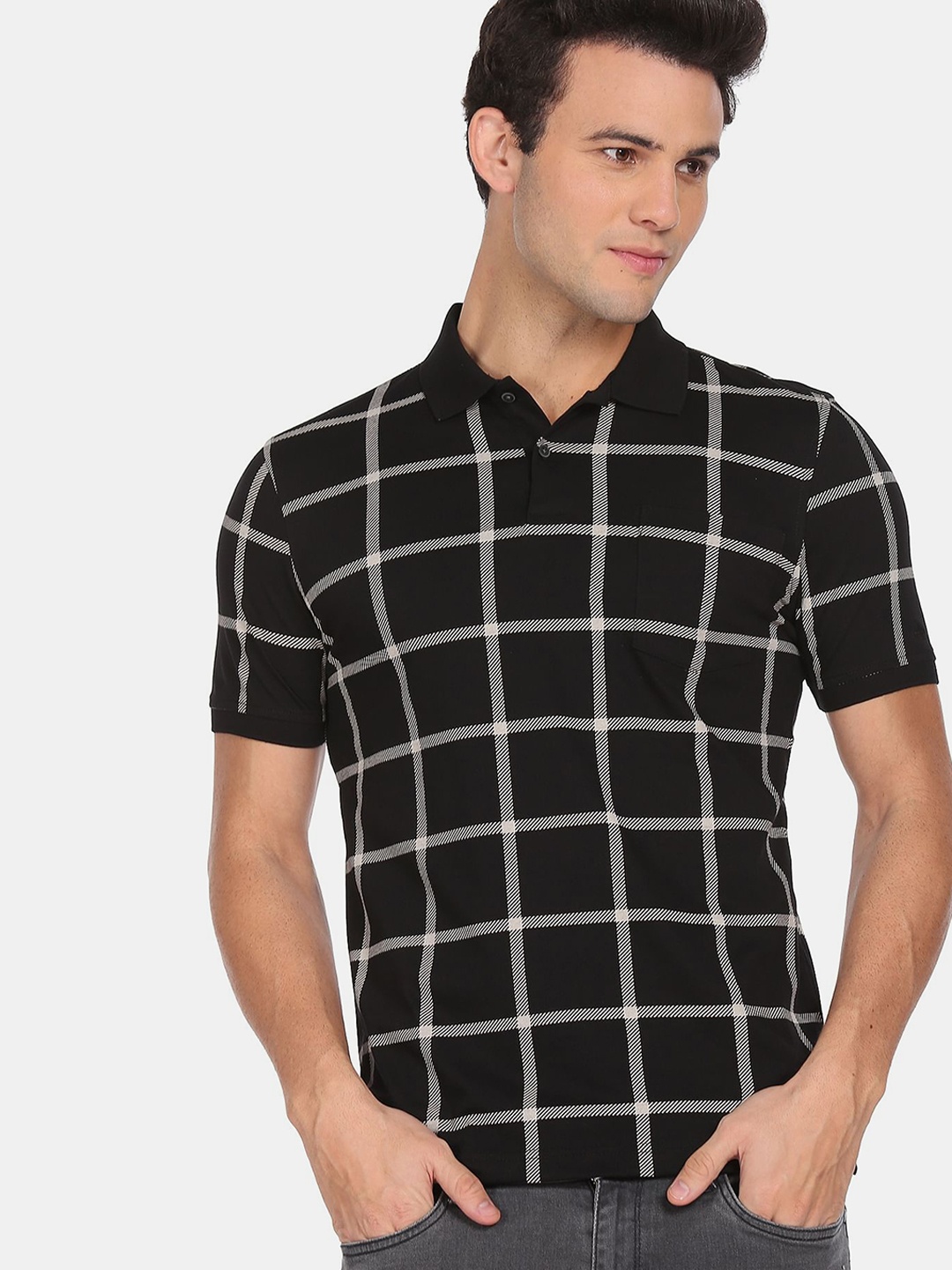 

Arrow New York Men Black Checked Polo Collar Monochrome T-shirt