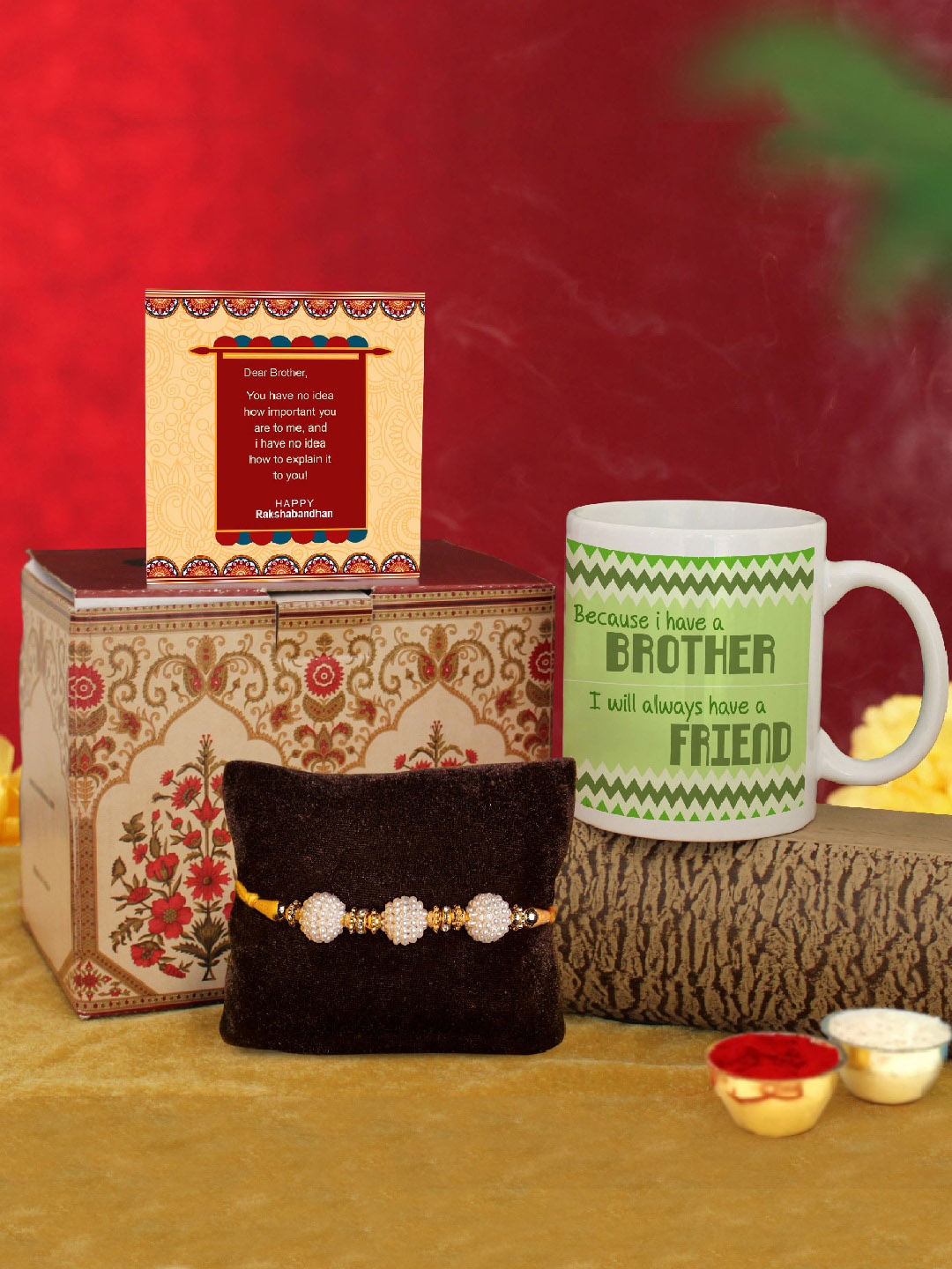 

TIED RIBBONS Green & Yellow Printed Coffee Mug Card & Roli Chawal Gift Set