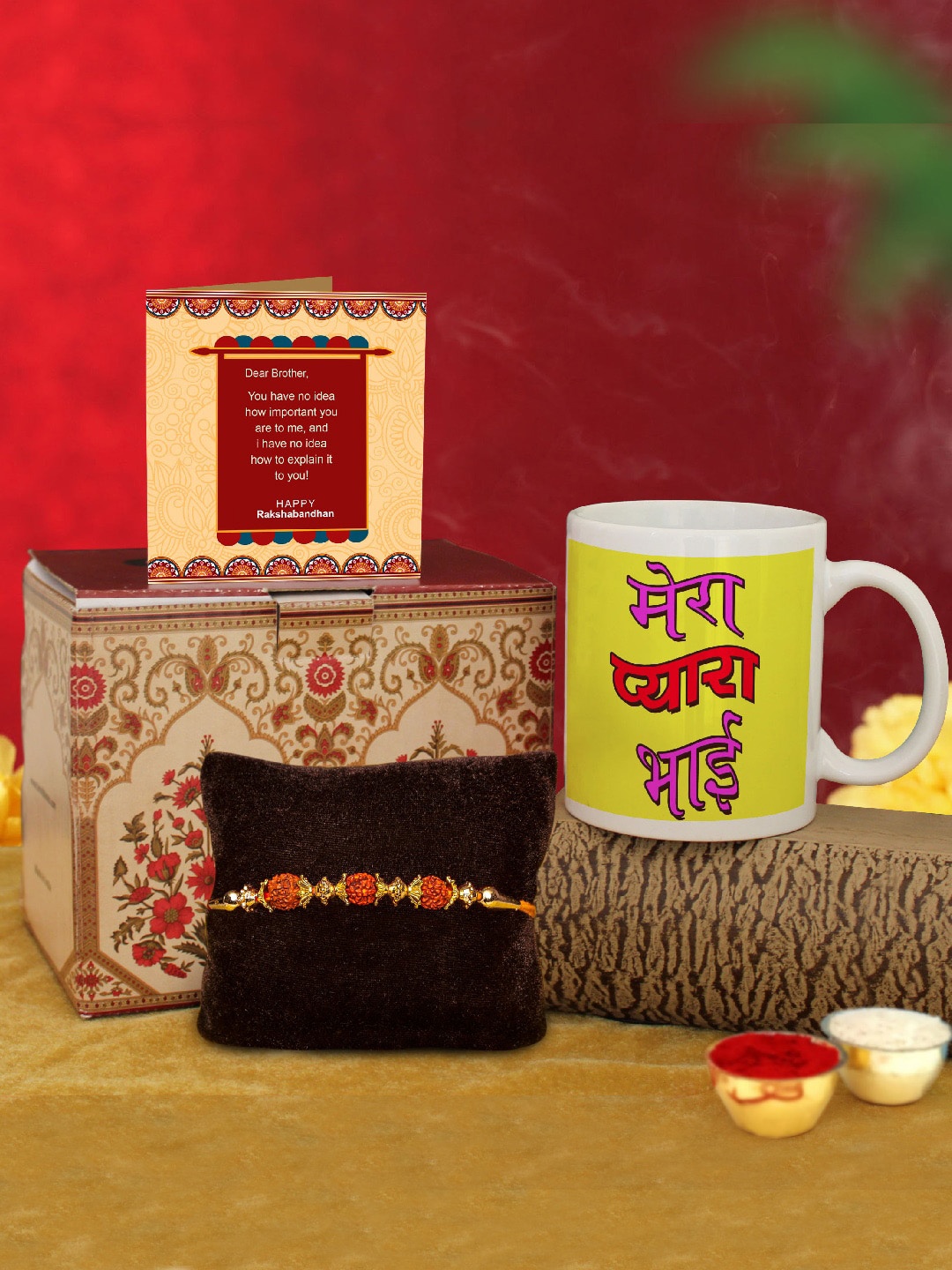 

TIED RIBBONS Yellow & Red Rakhi and Printed Coffee Mug Gift Set