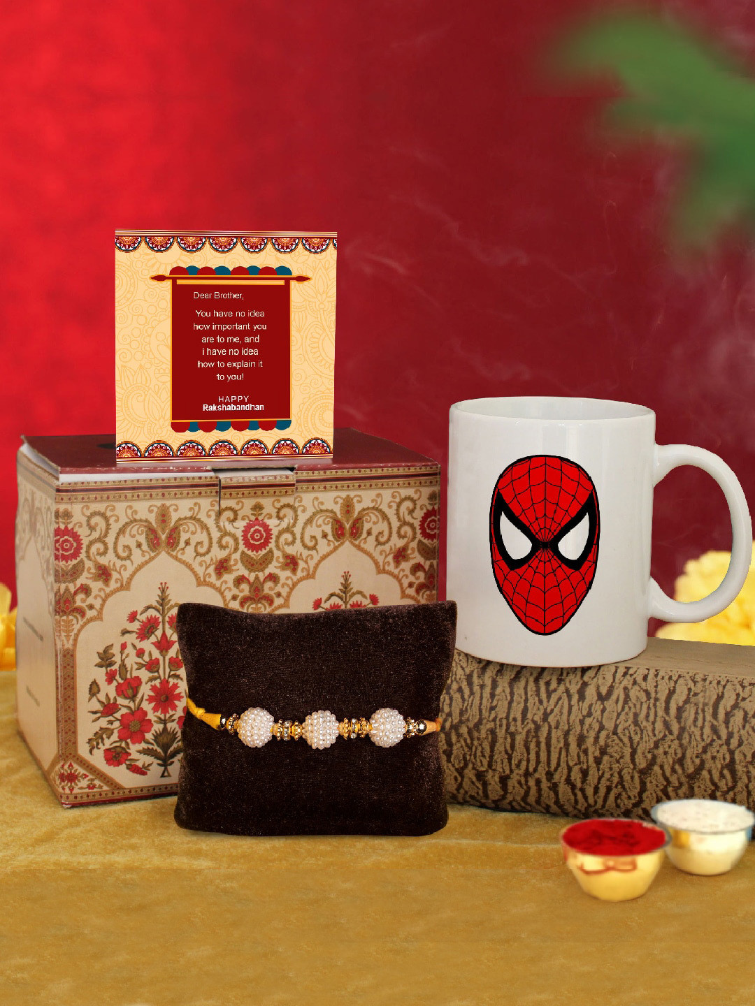 

TIED RIBBONS Pearl Studded Rakhi with Spider Man Coffee Mug, Card & Roli Chawal Gift Set, White