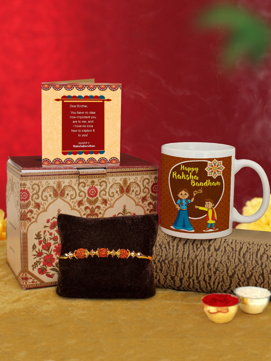

TIED RIBBONS Men Gold-toned & Red Rudraksha Rakhi with Printed Coffee Mug Gift Set