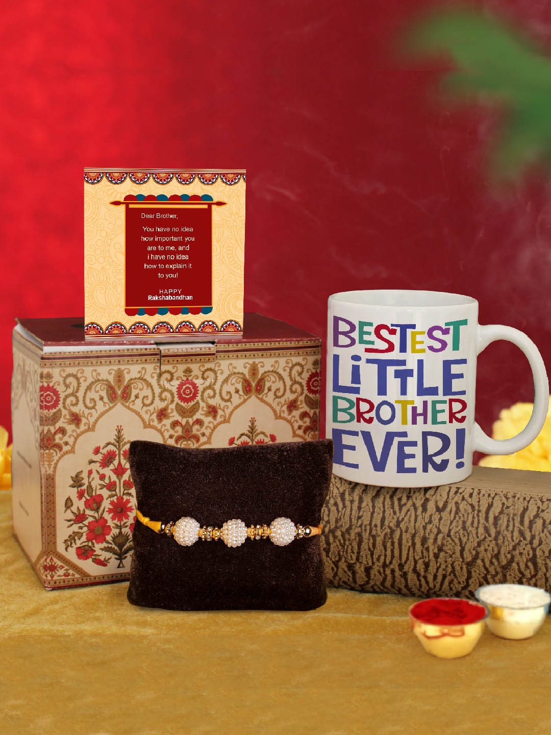 

TIED RIBBONS Red & Gold-Toned Stone-Studded Rakhi Gift Set
