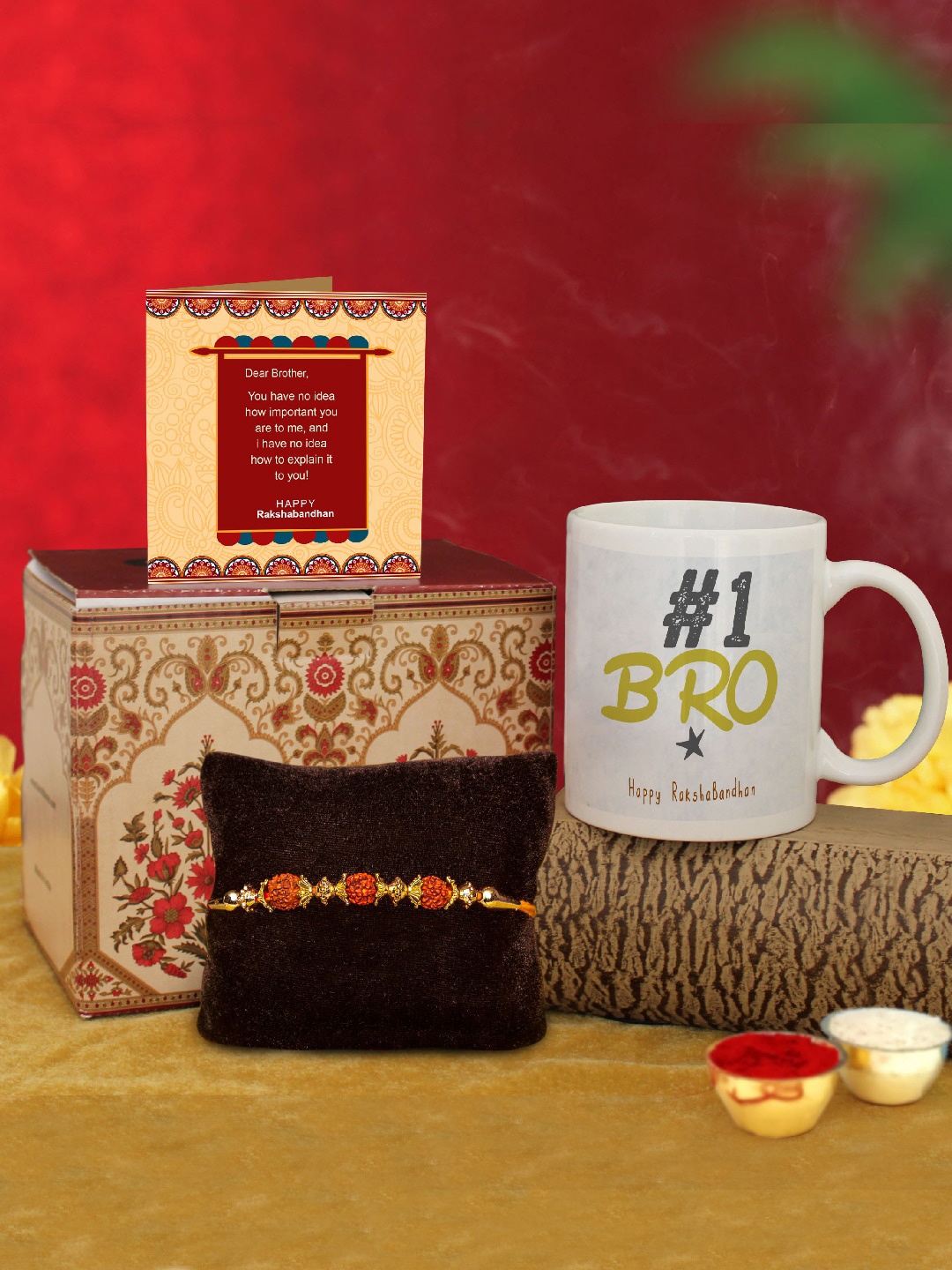 

TIED RIBBONS Rudraksha Studded Rakhi with Printed Coffee Mug Gift Set, Red