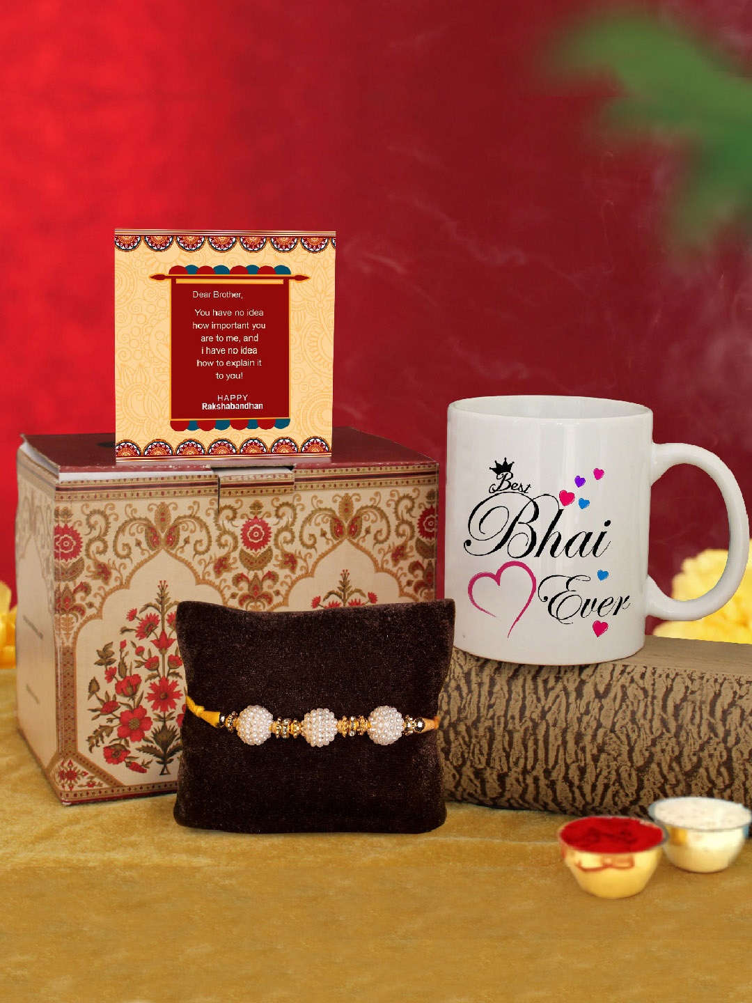 

TIED RIBBONS Men Multicoloured Pearl Rakhi with Printed Coffee Mug Gift Set, Gold