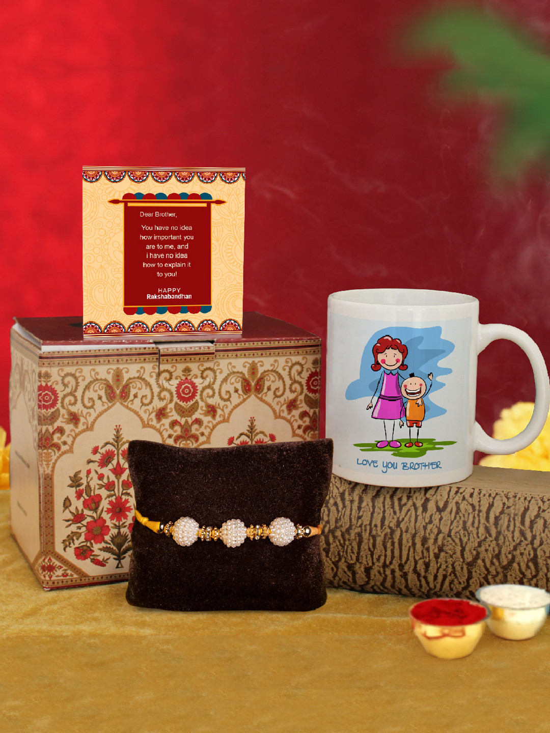 

TIED RIBBONS White & Yellow Printed Coffee Mug Card & Roli Chawal Rakhi Gift Set