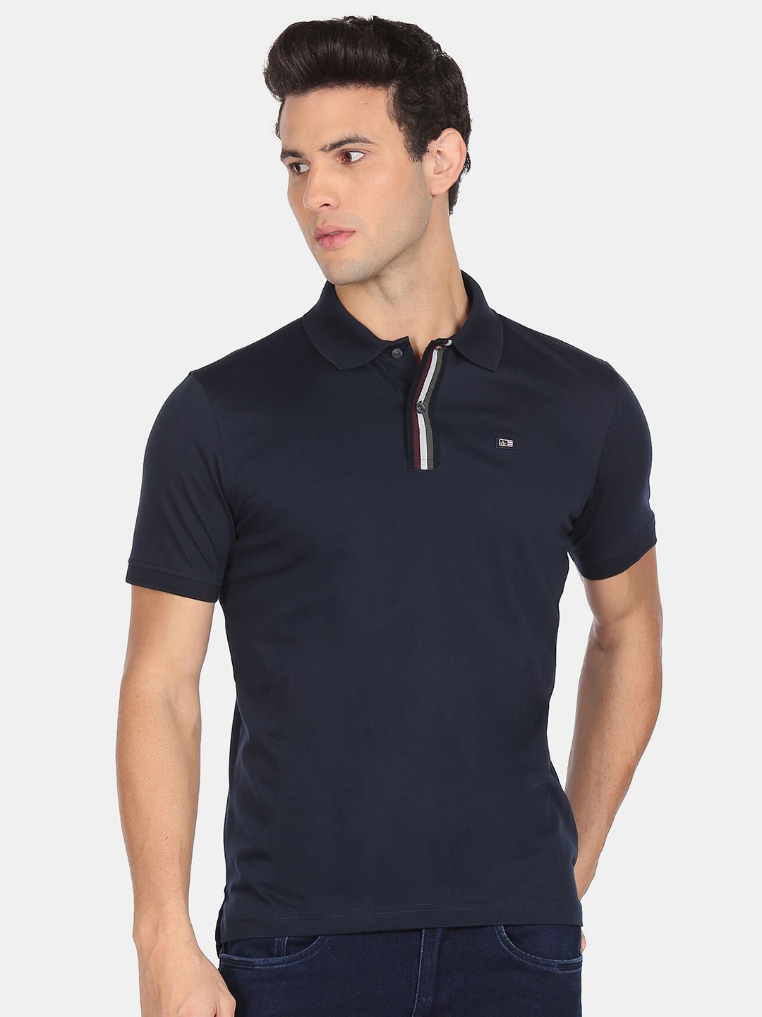 

Arrow Sport Men Blue Striped Placket Polo Collar T-shirt