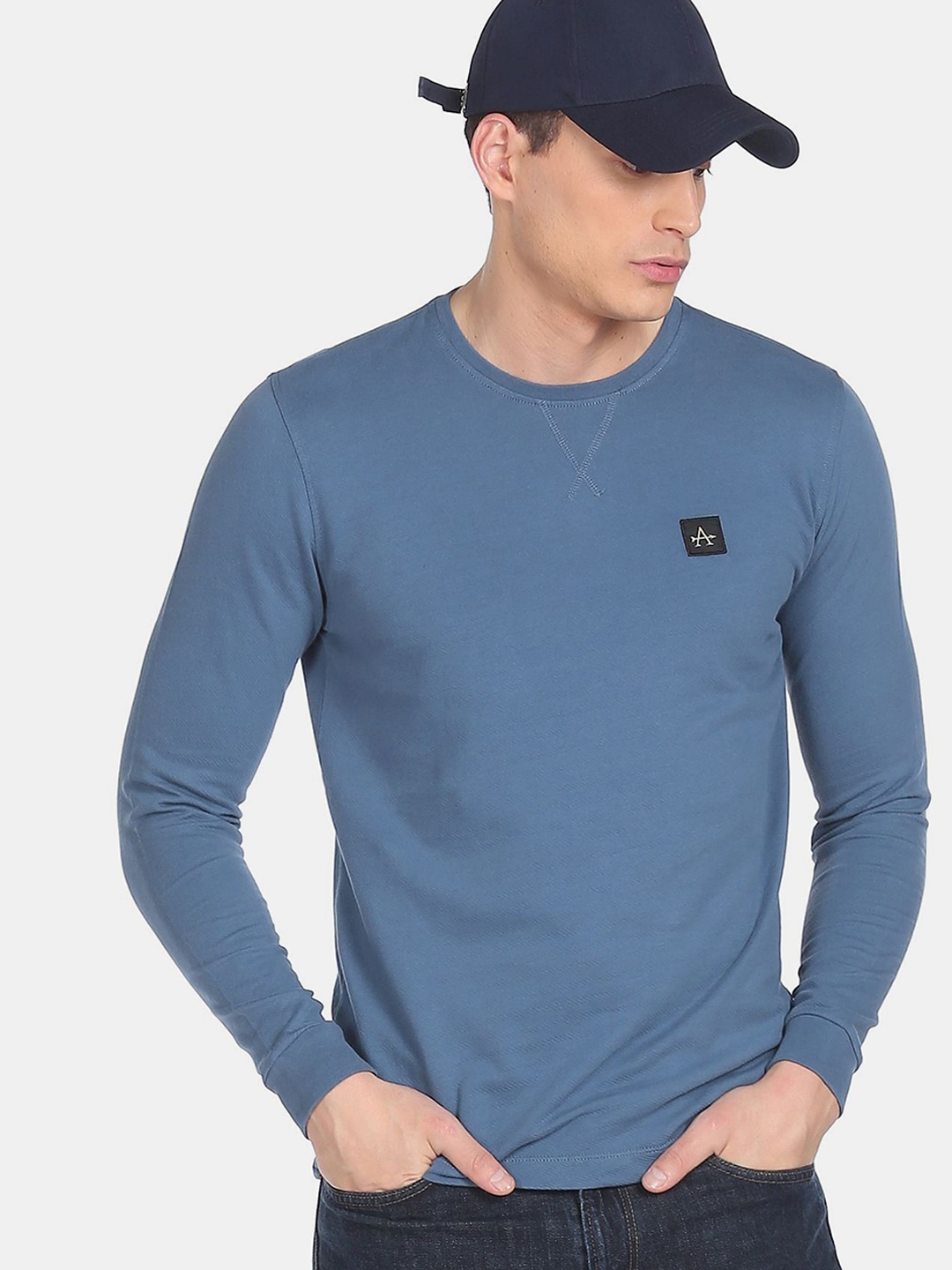 

Arrow Sport Men Blue Long Sleeve Henley Neck Applique T-shirt