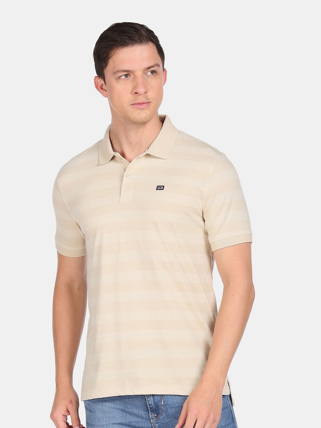 

Arrow Sport Men Beige Striped Polo Collar T-shirt