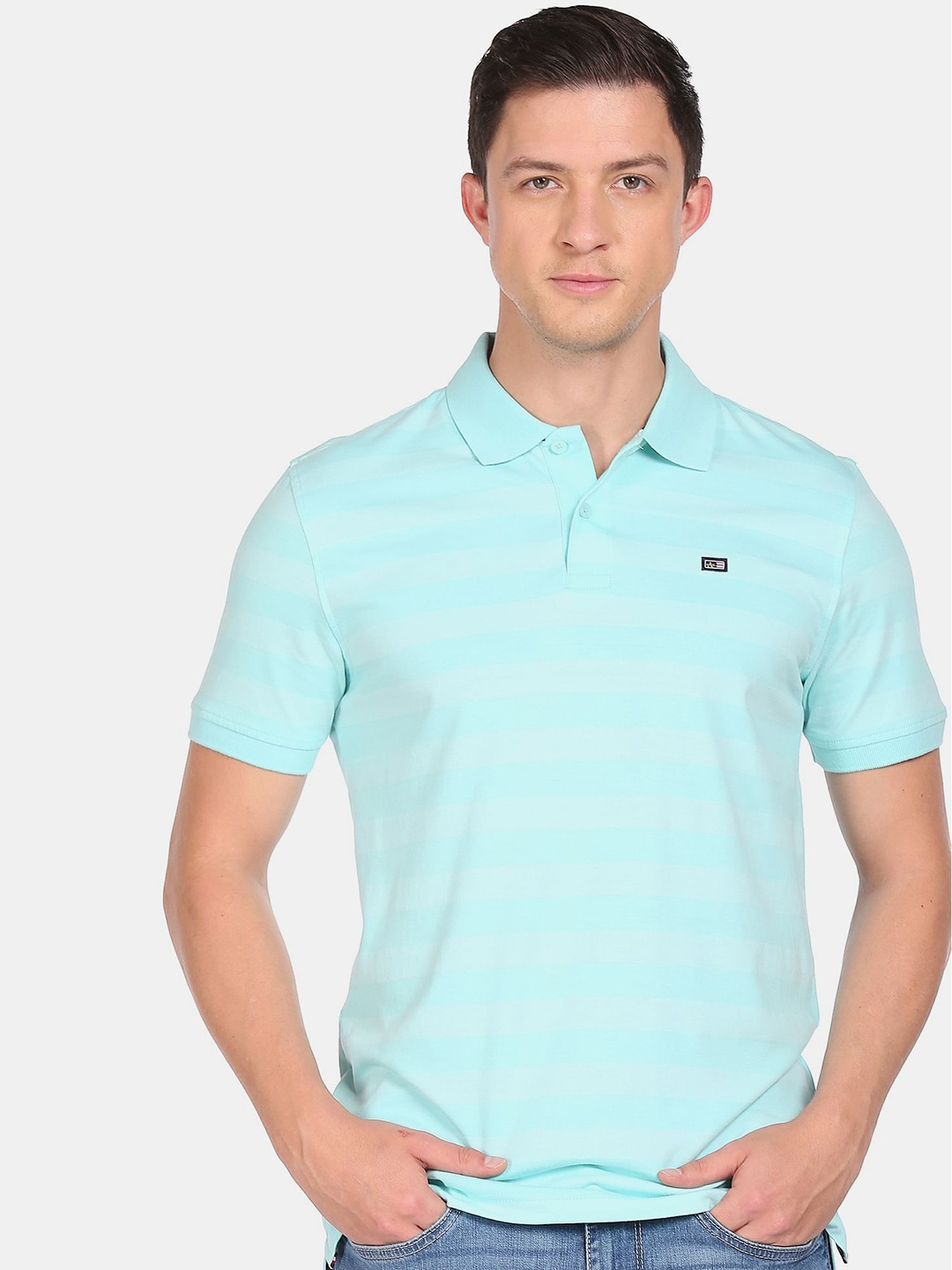 

Arrow Sport Men Blue Striped Polo Collar T-shirt
