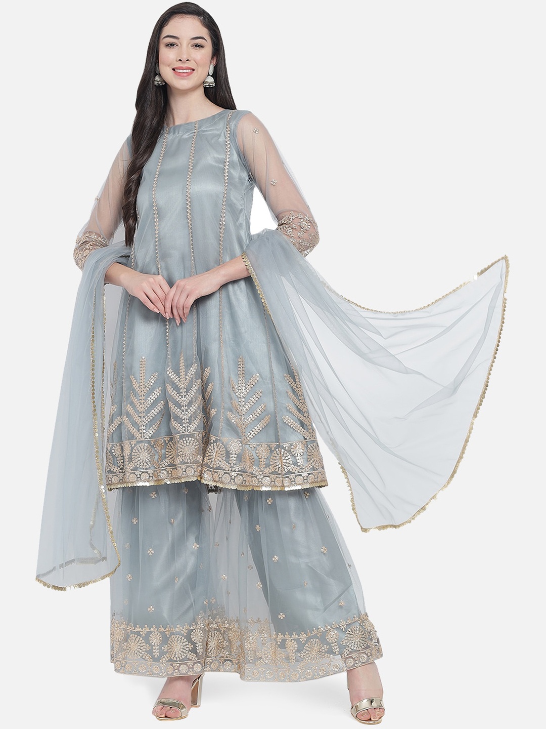 

Fabcartz Women Grey Ethnic Motifs Embroidered Kurti with Sharara & Dupatta