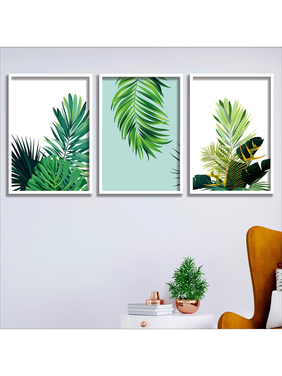 

SAF Set of 3 Green & White Printed Wall Art