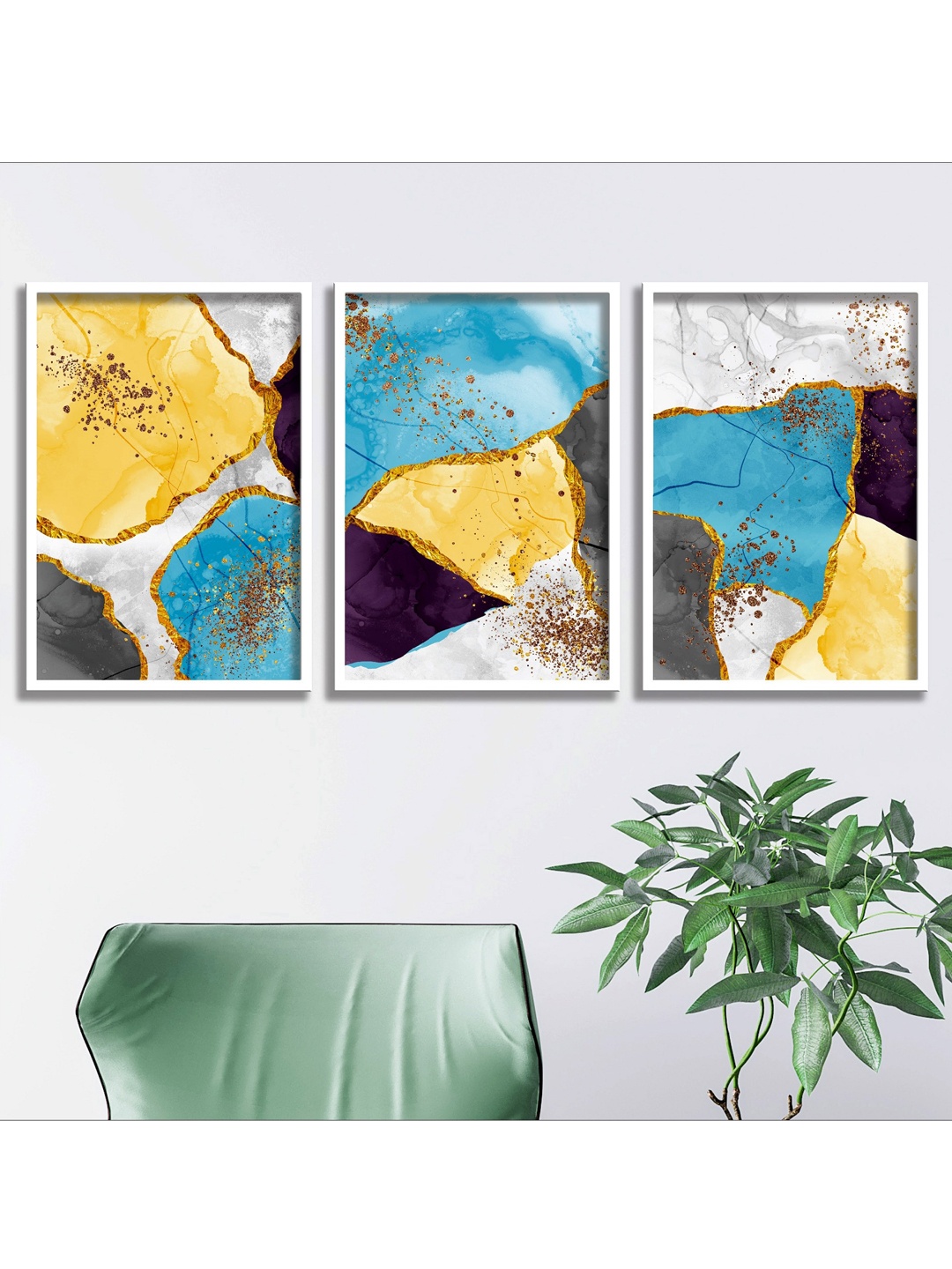 

SAF Set Of 3 Yellow & Blue Digital Print Painting Frame Wall Art