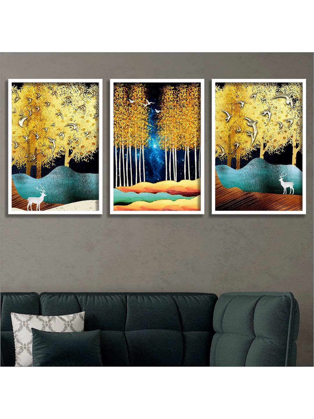 

SAF Set of 3 White & Yellow Digital Reprint Wall Art With Frame