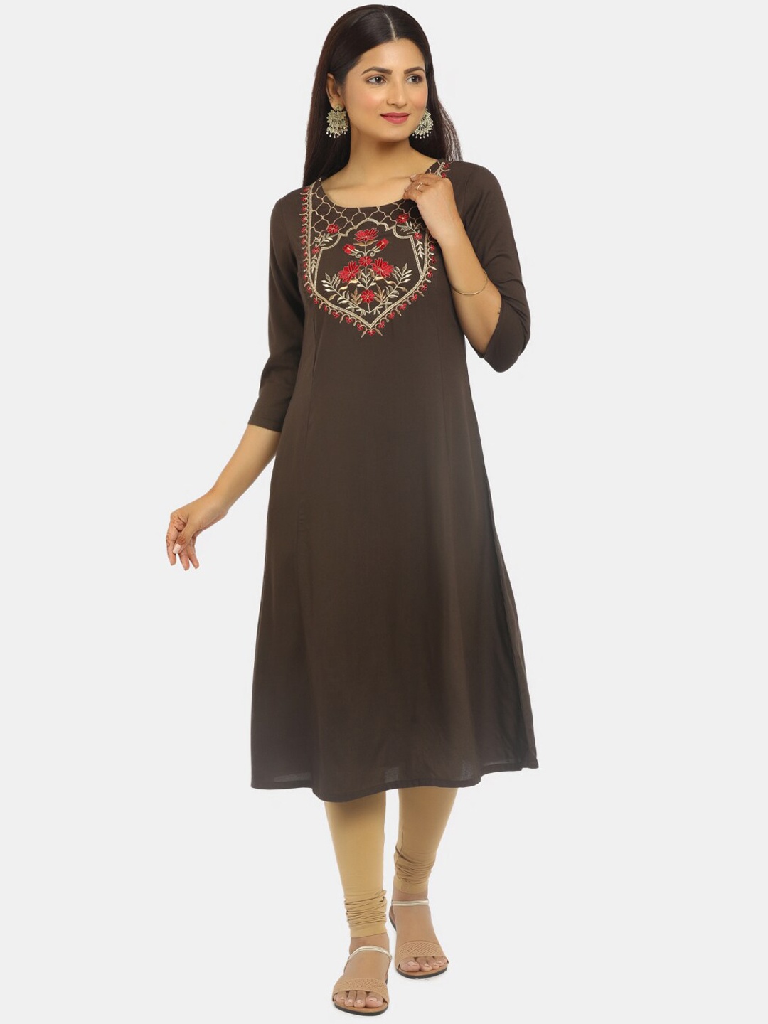 

Karigari Women Brown Yoke Design Embroidered Kurta